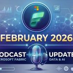 A professional podcast cover art for "Microsoft Fabric Updates" set in February 2026. The background is a futuristic, tech-themed blue and purple gradient featuring glowing network nodes, data charts, and hexagonal patterns. Centered at the top is a circular emblem containing the Green Fabric logo. Below the logo, the text "FEBRUARY 2026" is displayed in large, bold white and gold letters. The bottom half features a silver condenser microphone with a headset and a glowing blue soundwave. Text on either side of the microphone reads "PODCAST: BUSINESS INTELLIGENCE" and "UPDATES: DATA ANALYTICS." The very bottom includes a "Listen Now" button and icons for popular podcast platforms.