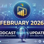 A professional podcast cover art for "Power BI Updates" set in February 2026. The background is a futuristic, tech-themed blue and purple gradient featuring glowing network nodes, data charts, and hexagonal patterns. Centered at the top is a circular emblem containing the yellow Power BI bar chart logo. Below the logo, the text "FEBRUARY 2026" is displayed in large, bold white and gold letters. The bottom half features a silver condenser microphone with a headset and a glowing blue soundwave. Text on either side of the microphone reads "PODCAST: BUSINESS INTELLIGENCE" and "UPDATES: DATA ANALYTICS." The very bottom includes a "Listen Now" button and icons for popular podcast platforms.