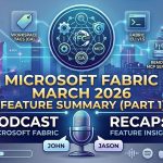 Professional podcast cover art for "Microsoft Fabric March 2026 Feature Summary (Part 1)." The image features a tech-inspired blue and teal cityscape background with floating UI cards highlighting technical features. These cards include "OneLake Catalog Govern (GA)," "Selective Git Branching," "DLP for Structured Data," "Fabric CLI v1.5," and "Fabric Runtime 2.0 (Spark 4)." A central circular crest contains various data icons and "GA" (General Availability) badges. At the bottom, a silver microphone sits between two name tags labeled "John" and "Jason." The text "RECORDED: APRIL 16, 2026" is visible in the bottom right corner.