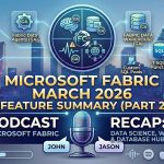 Professional podcast cover art for "Microsoft Fabric March 2026 Feature Summary (Part 2)." The design uses a futuristic aesthetic with a city skyline and glowing network lines. Floating icons and labels highlight Data Science and Warehouse updates: "Data Science & AI Rebrand," "Fabric Data Agents (GA)," "Multimodal AI Support," "Warehouse Recovery," and a prominent "Database Hub" graphic showing a unified control plane. The title "MICROSOFT FABRIC MARCH 2026 FEATURE SUMMARY (PART 2)" is written in large gold and white font. At the bottom, a podcast microphone is flanked by name tags for "John" and "Jason," with the recording date "APRIL 17, 2026" and a "Listen Now" button.