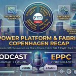 Podcast cover art with a futuristic blue and teal cityscape background for Episode 329. Floating UI cards display episode topics, including "Dataverse Fabric Link (Sharp Edges)," "OneLake Storage Preview," "Apache Kafka Integration," "Project Rayfin (Real Apps)," "Skip Dataverse for Fabric SQL (Preview)," "AI-Era Low-Code Survival," and "Business Events & Low-Code Fate." The main title reads "POWER PLATFORM & FABRIC: COPENHAGEN RECAP," with a subtitle listing "Episode 329: Dataverse Link Sharp Edges, Fabric SQL & Rayfin Dark Horse." A central silver microphone is flanked by host tags for "JOHN" and "JASON" above an "EPPC COPENHAGEN" badge. The bottom bar features a progress bar, podcast platform icons, a "LISTEN NOW" button, and the date "RECORDED: JUNE 28, 2026."