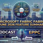 Podcast cover art with a futuristic blue and gold theme, set against a Copenhagen cityscape. Floating transparent cards highlight key Microsoft Fabric June 2026 feature updates, including "Data Warehouse GPU Acceleration," "Apache Kafka Integration (GA)," and "Project Rayfin." The text "LIVE" and "DARK HORSE" are not visible. Below the title, the text "RECORDED LIVE FROM EUROPEAN POWER PLATFORM CONF, COPENHAGEN" is clearly visible, along with text bubbles for hosts "JOHN" and "JASON." A "LISTEN NOW" button with various podcast app icons is at the bottom right.